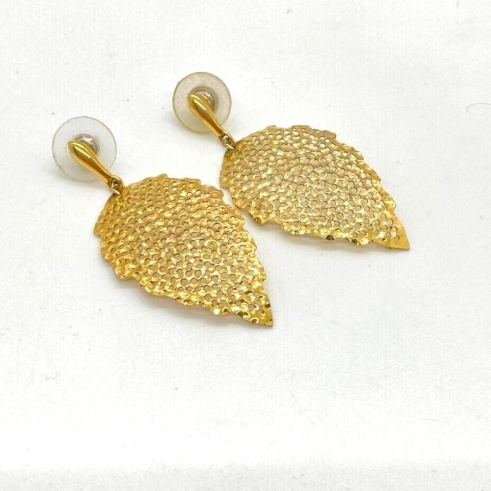 Vintage‎ Leaf Dangle 2" Earrings Gold Tone Filigree Modernist